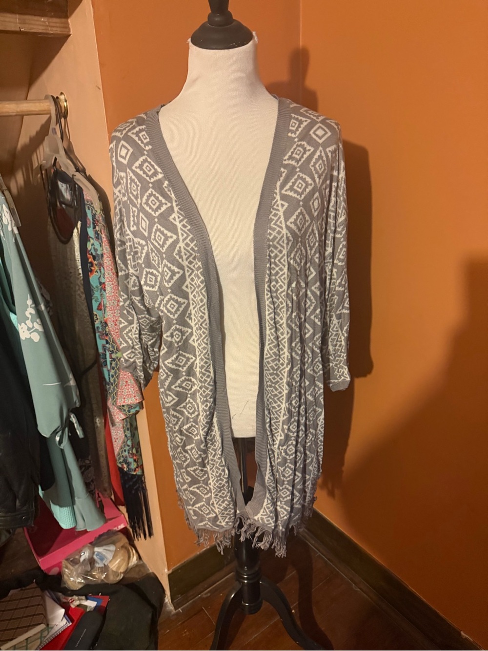 Skies Are Blue Gray and White Aztec Fringe Open Cardigan